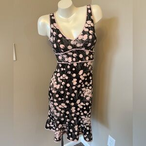 BCBGMAXAZRIA Tank Dress Sz XS Black Pink Floral Ruffle Made in The USA 🇺🇸 EC